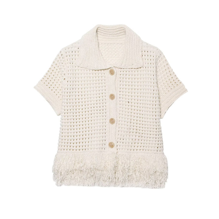 Damen Kurzarm-Strickjacke mit fransigem Saum und dekorativen Knöpfen Drune