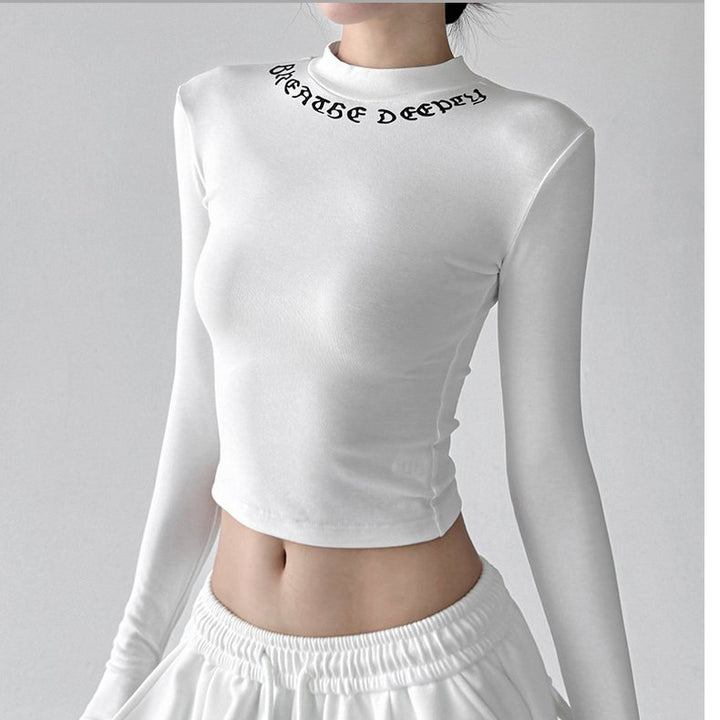 Damen figurbetontes Langarmshirt mit hohem Kragen und modischem Schriftzug Drune