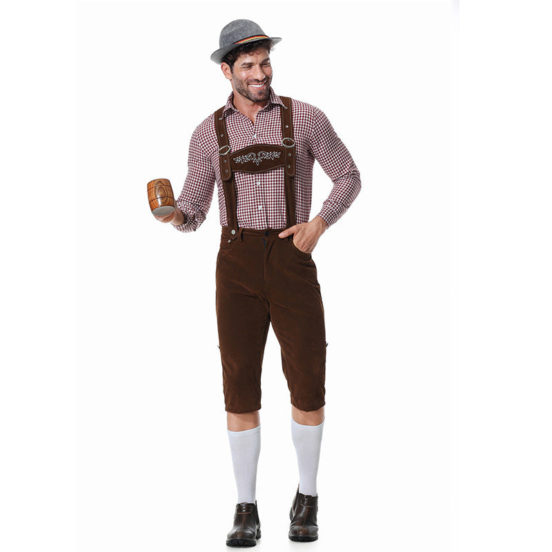 Herren nan kurze Trachtenlederhose in Veloursleder-Optik mit besticktem Brustlatz und verstellbaren Trägern Drune