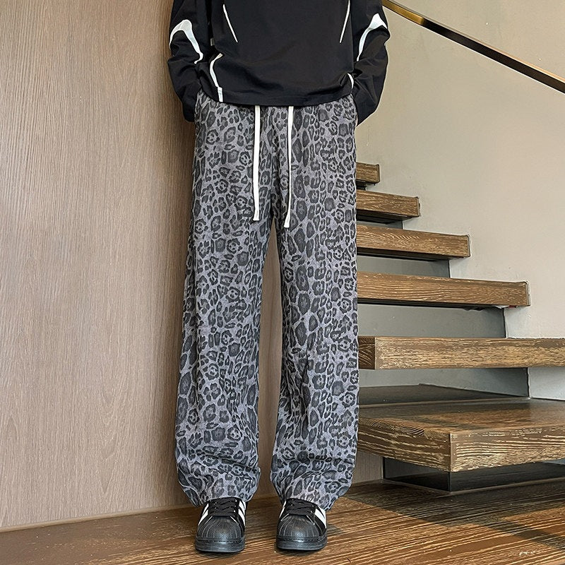 Herren Weit geschnittene Leoprint-Hose aus leichtem Viskose-Mix mit Kordelzug Drune