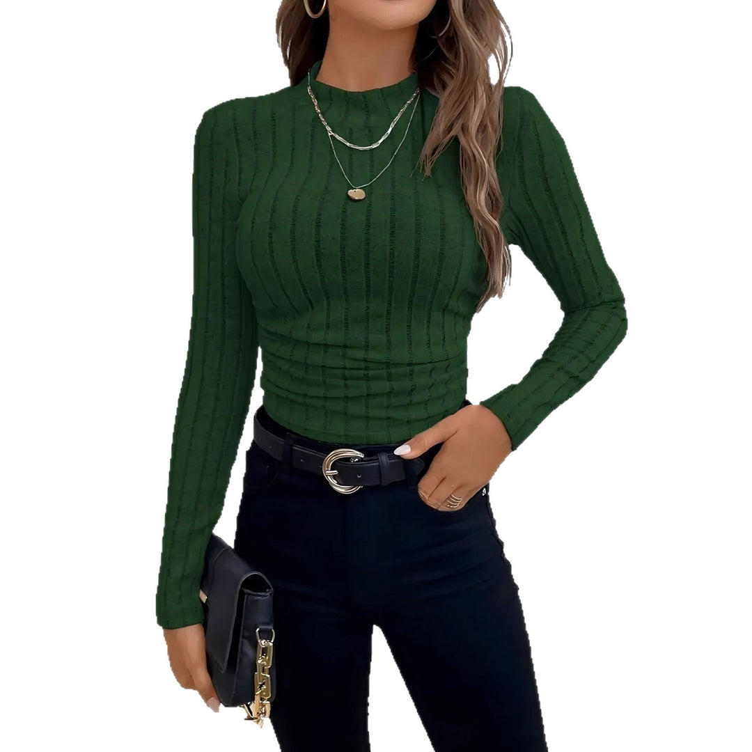 Damen Figurnahes geripptes Langarmshirt mit Stehkragen und Strukturstreifen Drune