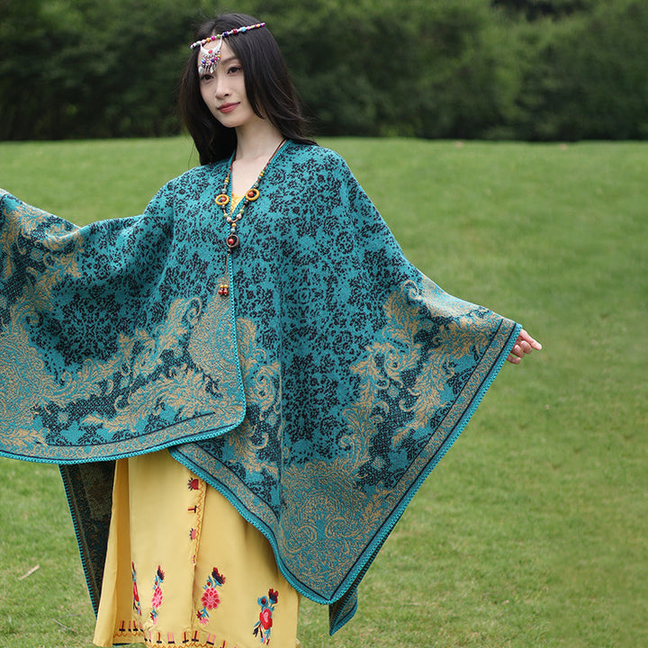 Damen Ornamentaler Jacquard‑Capeponcho mit offenem Fall und Zierkettelnaht Drune