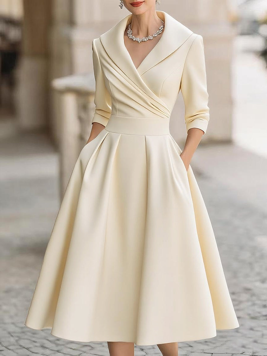 Damen nan elegantes Midikleid mit Wickeloberteil, Dreiviertelärmeln und Eingrifftaschen Drune
