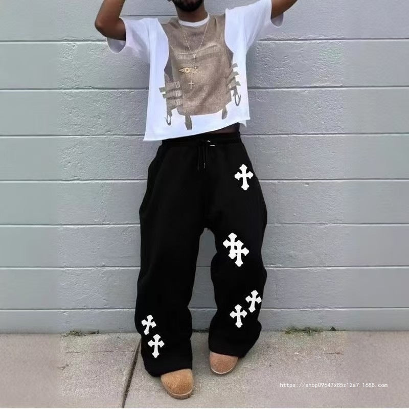 Herren Weite Sweatpants mit Gothic-Kreuz-Print, Tunnelzug & Tiefer Schritt Drune