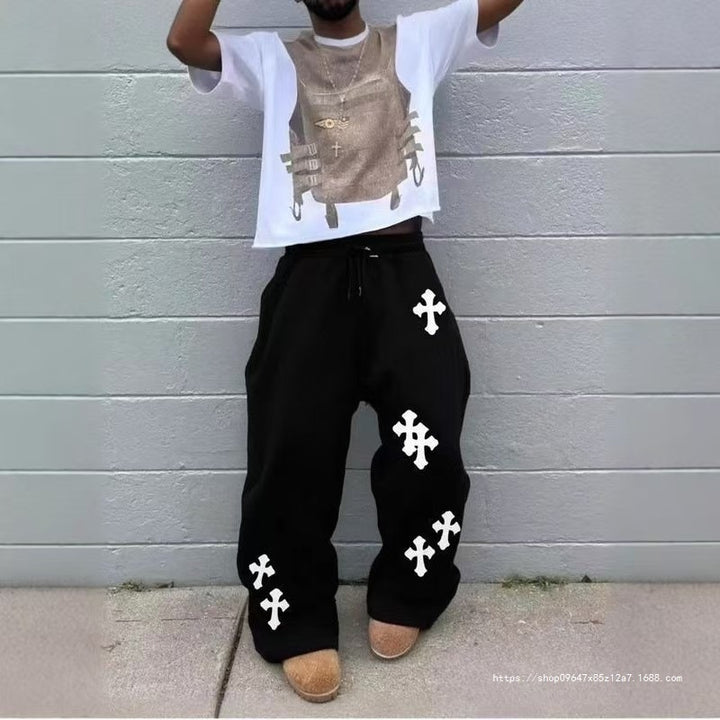 Herren Weite Sweatpants mit Gothic-Kreuz-Print, Tunnelzug & Tiefer Schritt Drune