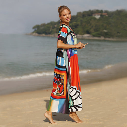 Damen Strandkaftan mit buntem grafischem Design und eleganten Akzenten Drune