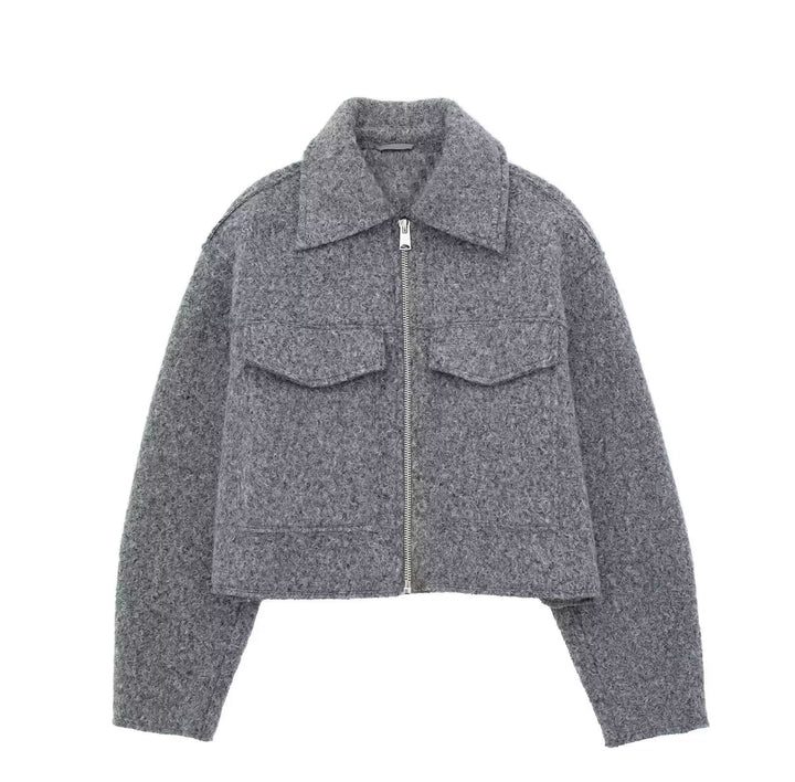 Damen Kurz geschnittene Teddyjacke mit Reißverschluss, Kragen und aufgesetzten Klappentaschen Drune