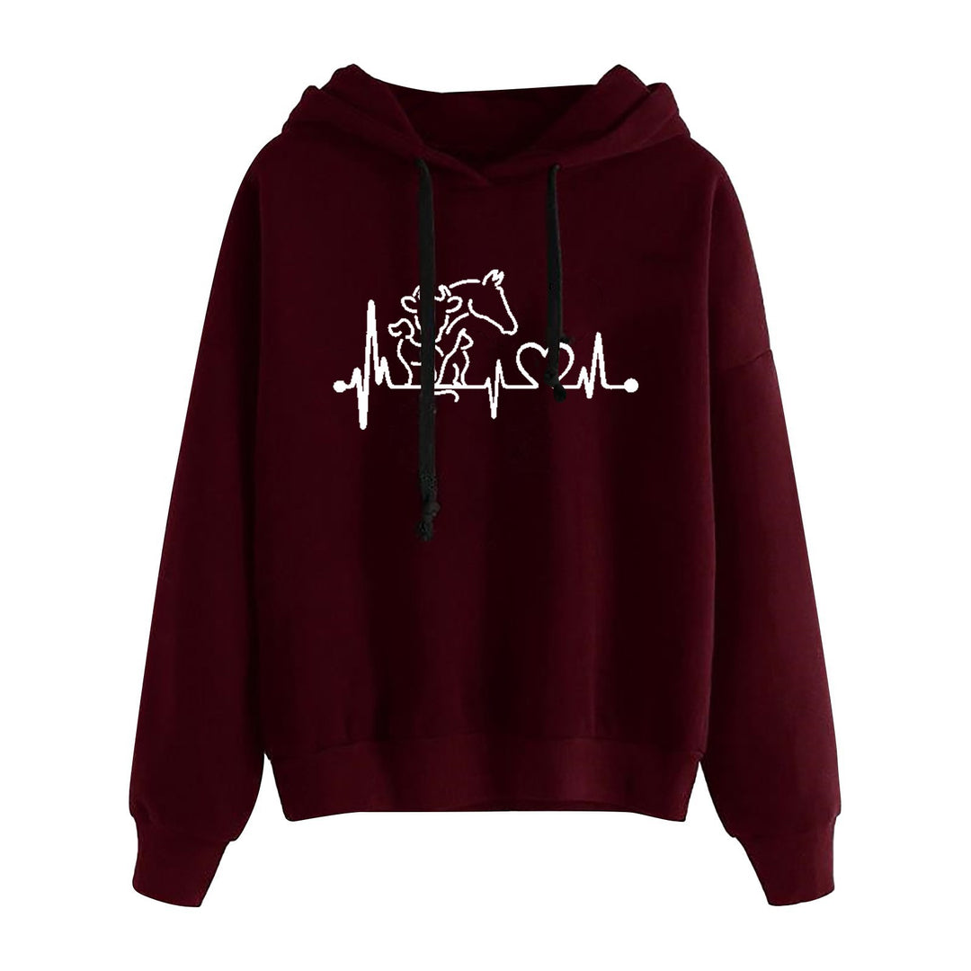 Damen nan leichter Oversize Kapuzenpullover mit Herz‑EKG‑Motiv, langen Kordeln und elastischem Bund Drune