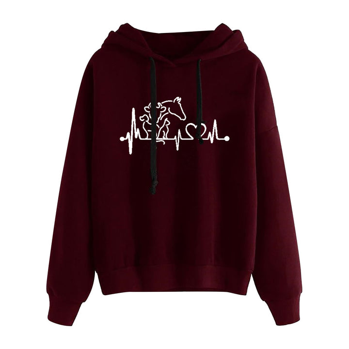 Damen nan leichter Oversize Kapuzenpullover mit Herz‑EKG‑Motiv, langen Kordeln und elastischem Bund Drune
