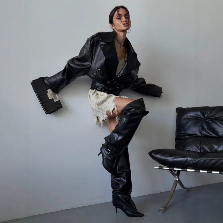 Damen Oversize-Bikerjacke aus veganem Lederimitat mit Taillengürtel & Schulterklappen Drune