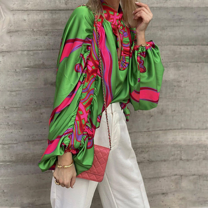Damen Stylische Bluse mit voluminösen Ärmeln und farbenfrohem Muster Drune