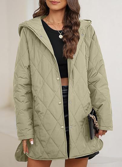 Damen gesteppte Kapuzenjacke mit Oversize-Schnitt, Druckknopfverschluss und Seitenschlitzen Drune