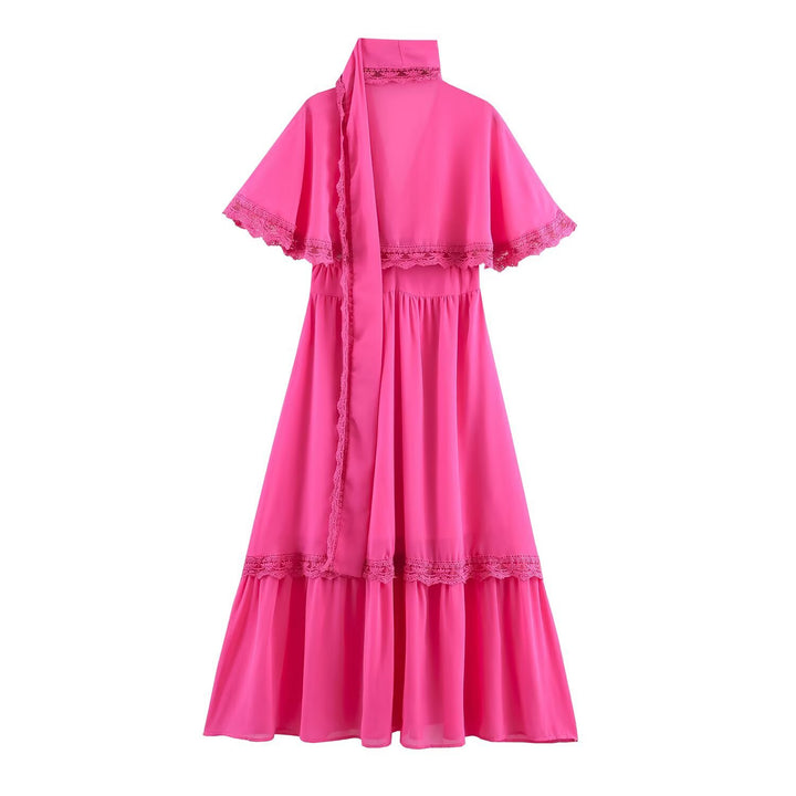 Damen Maxikleid mit Capelet, Stehkragen und Spitzenverzierung Drune