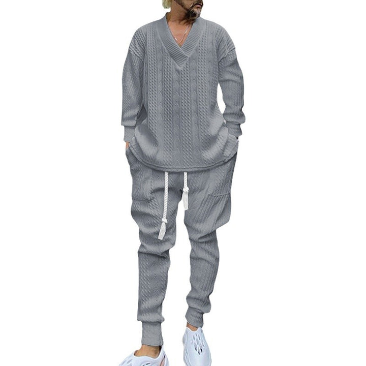 Herren nan gestricktes Lounge-Set mit tiefem V‑Ausschnitt, Kordelzug-Jogginghose und Rippbündchen Drune