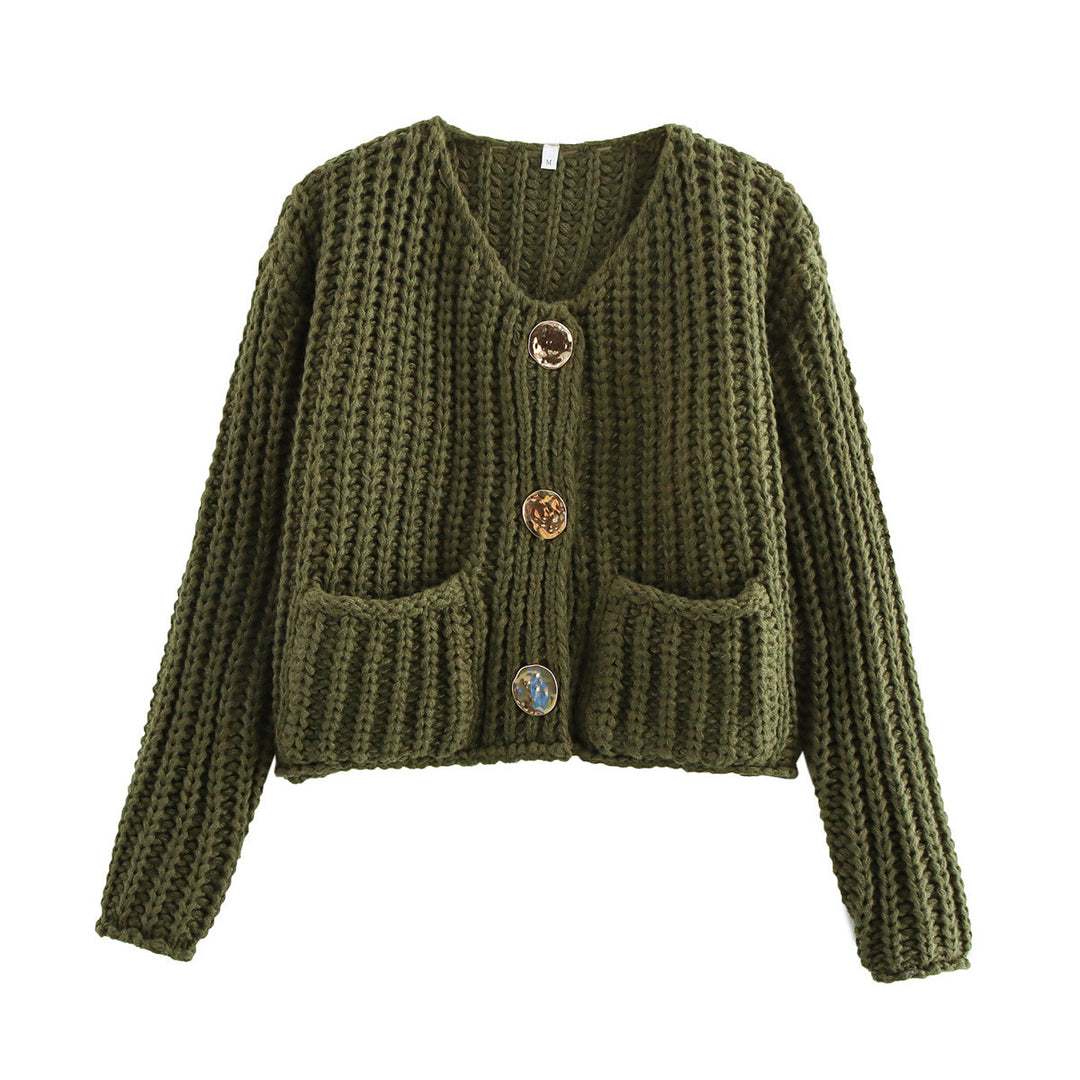 Damen Kurzcardigan im Rippen-Grobstrick mit aufgesetzten Taschen und Statementknöpfen Drune
