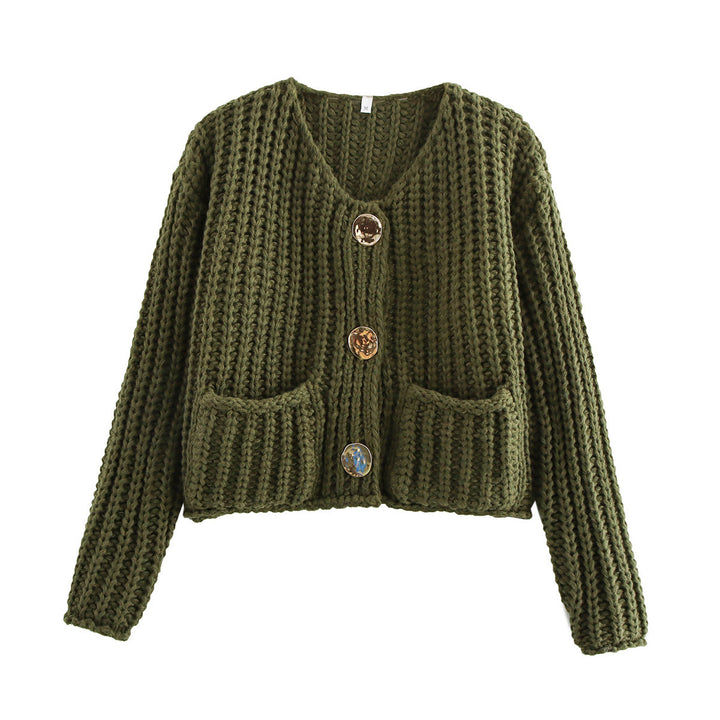 Damen Kurzcardigan im Rippen-Grobstrick mit aufgesetzten Taschen und Statementknöpfen Drune