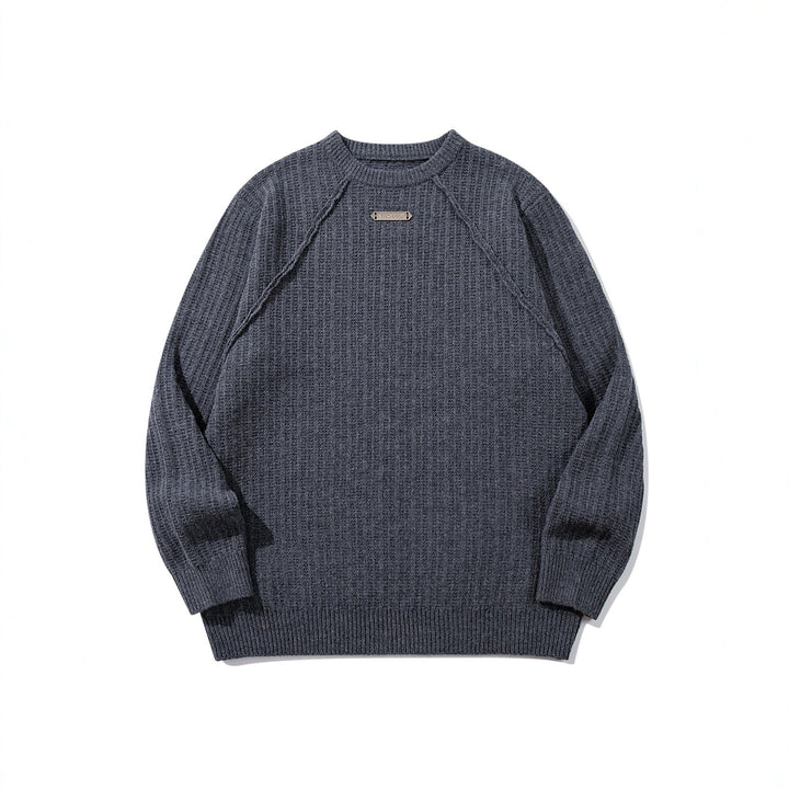 Unisex Strukturierter Waffelstrick-Rundhalspullover mit Raglanärmeln und Metall-Logo Drune