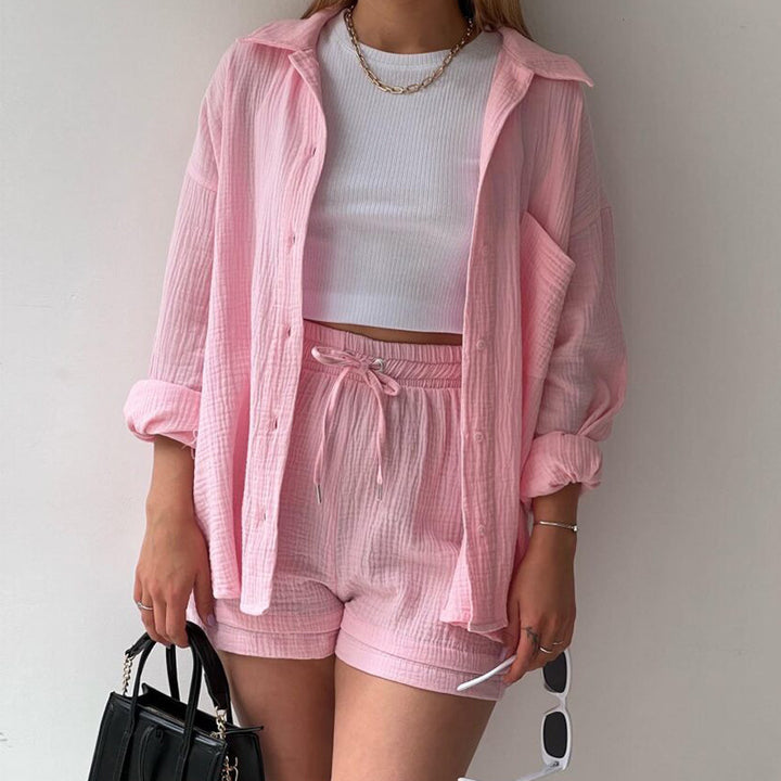 Damen Dreiteiliges Leinenoptik-Lounge-Set mit offenem Hemd, Crop-Top und hoher Taillen-Shorts Drune