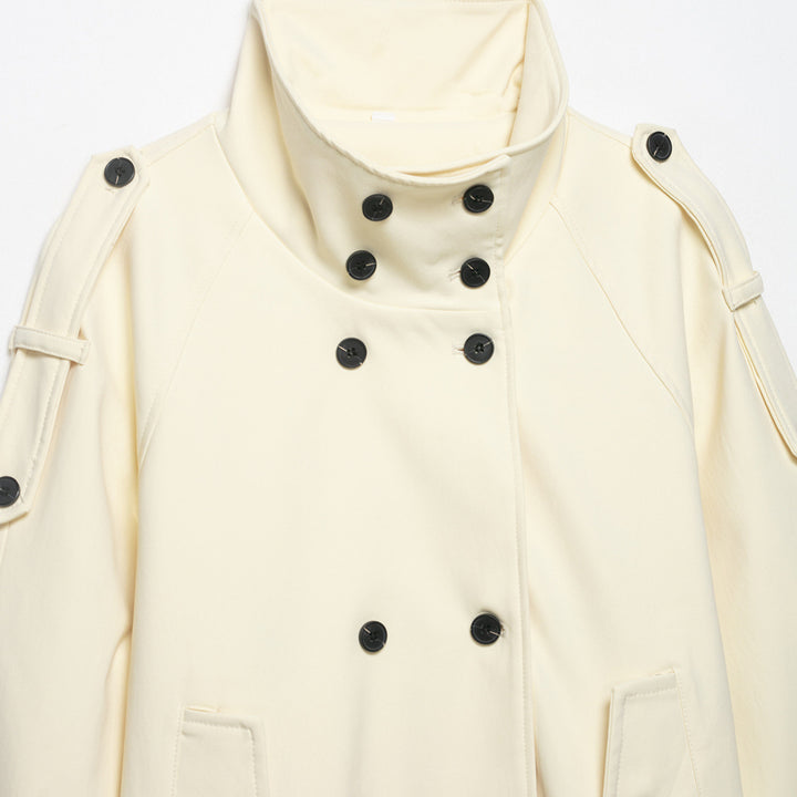 Damen Doppelreihiger Trench‑Cape mit Taillengürtel und Stehkragen Drune