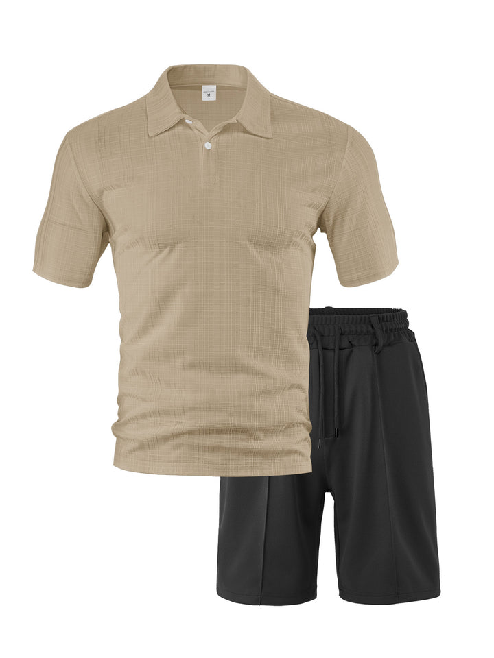 Herren nan zweiteiliges Sommer-Reise-Set mit texturiertem Kurzarm-Poloshirt und funktionalen Mesh-Shorts Drune
