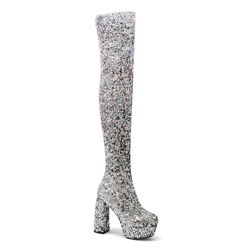 Damen Hochglanz Glitzer Oberschenkelhohe Plateau Stiefel Drune