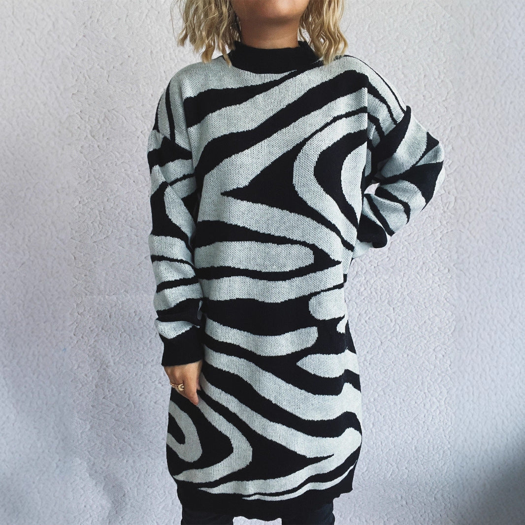 Damen oversized Strickpullover mit modernem Zebramuster Drune