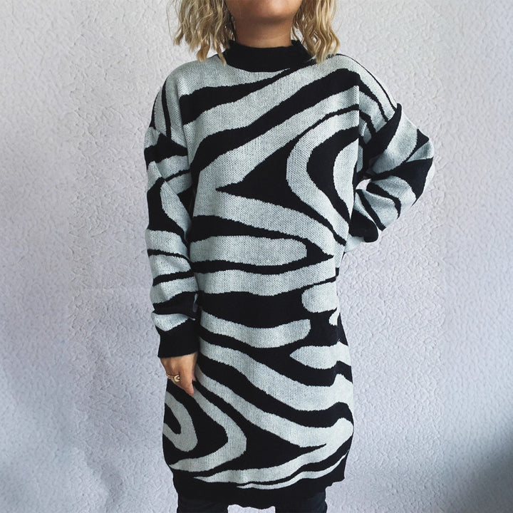 Damen oversized Strickpullover mit modernem Zebramuster Drune