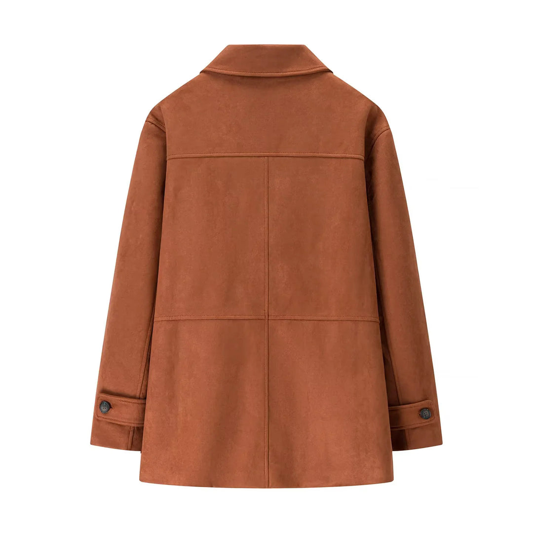 Damen nan eleganter Veloursmantel mit Hemdkragen aufgesetzten Pattentaschen und geradem Schnitt Drune