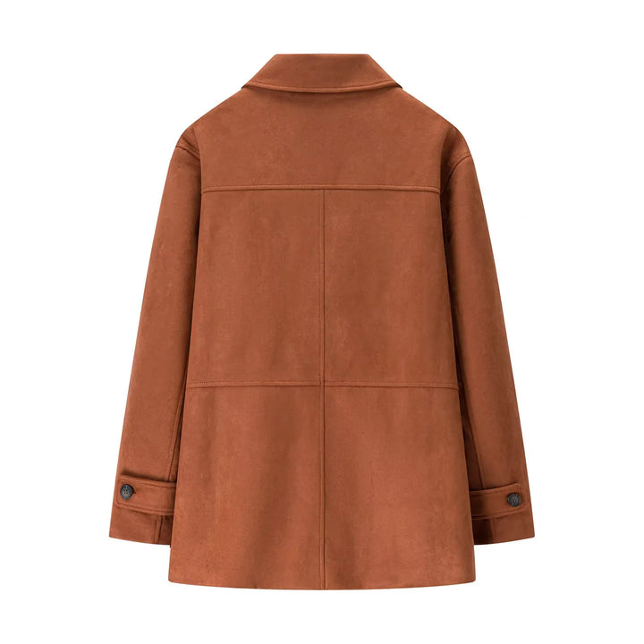 Damen nan eleganter Veloursmantel mit Hemdkragen aufgesetzten Pattentaschen und geradem Schnitt Drune