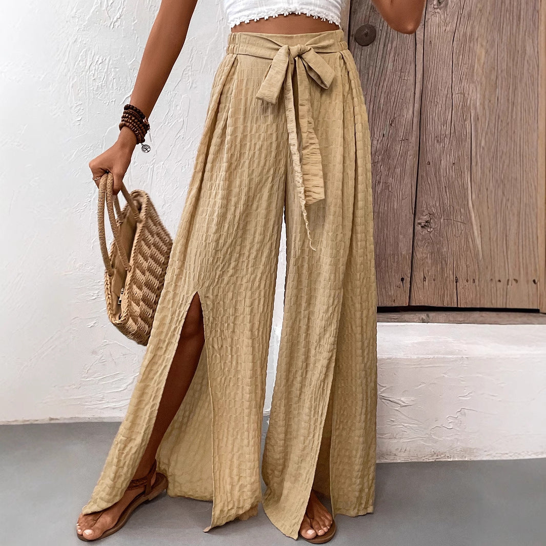 Damen elegante weite Sommerhose mit seitlichen Schlitz und Bindegürtel Drune