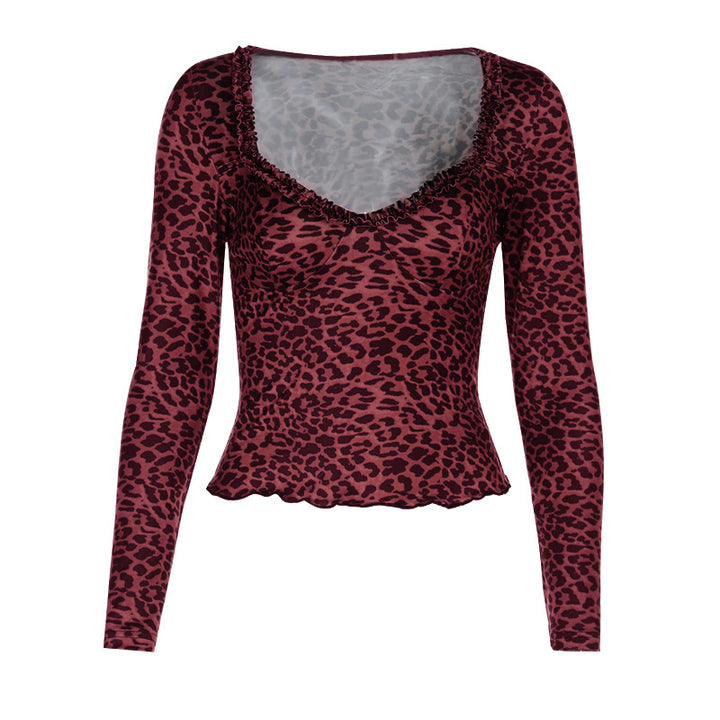 Damen elegantes Leopardenmuster Langarmoberteil Drune