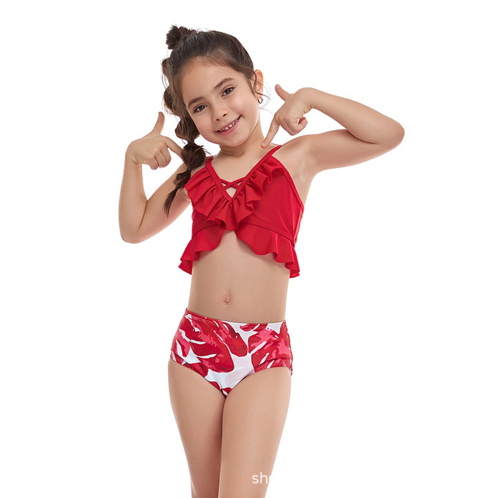 Mädchen Rüschen-Bikini-Set mit floralem Muster und bequemer Passform Drune