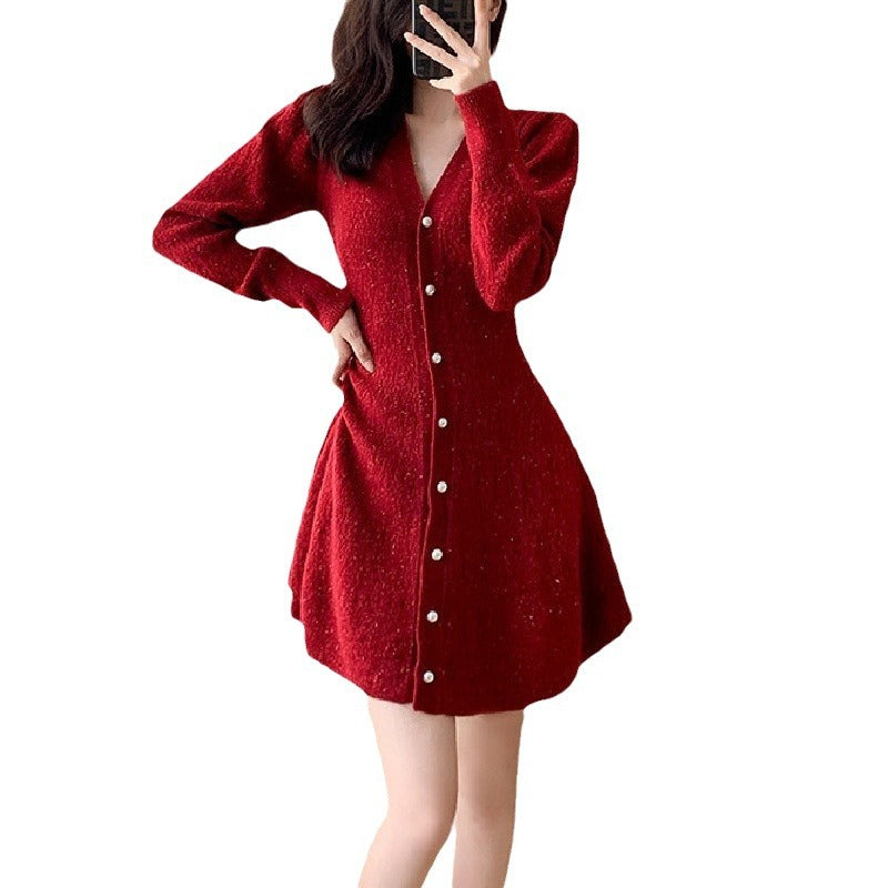Damen Strickkleid mit Knopfleiste und voluminösen Ärmeln Drune