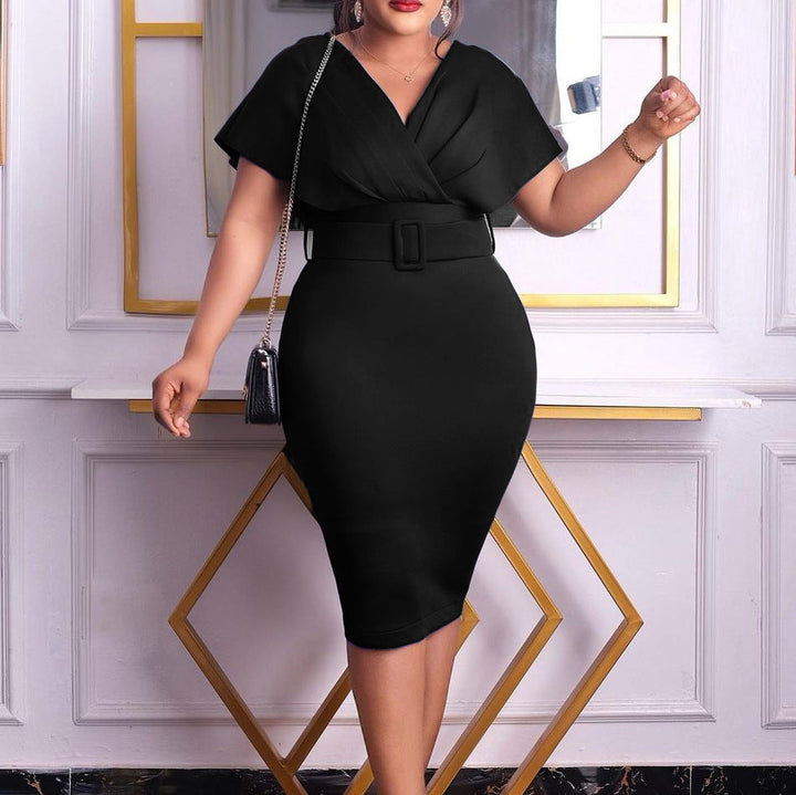 Drune | Damen V-Ausschnitt Figurbetontes Midi Kleid mit Gürtel