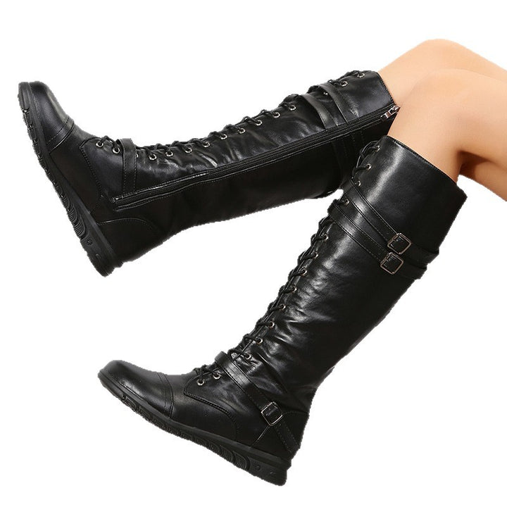 Damen nan kniehohe Military‑inspirierte Schnürstiefel mit seitlichem Reißverschluss verstellbaren Ziergurten und stoßdämpfender Profilsohle Drune