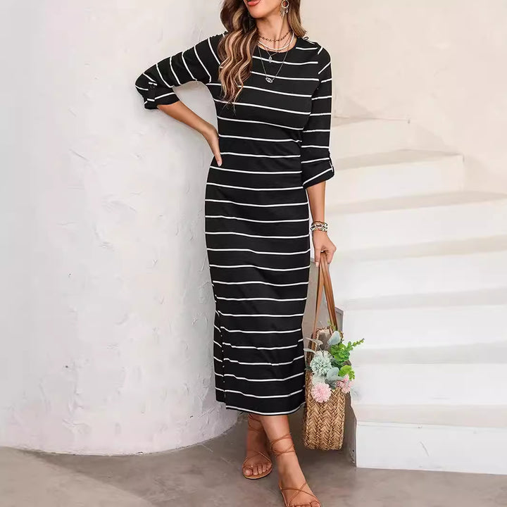 Damen Casual Streifenmaxikleid Drune