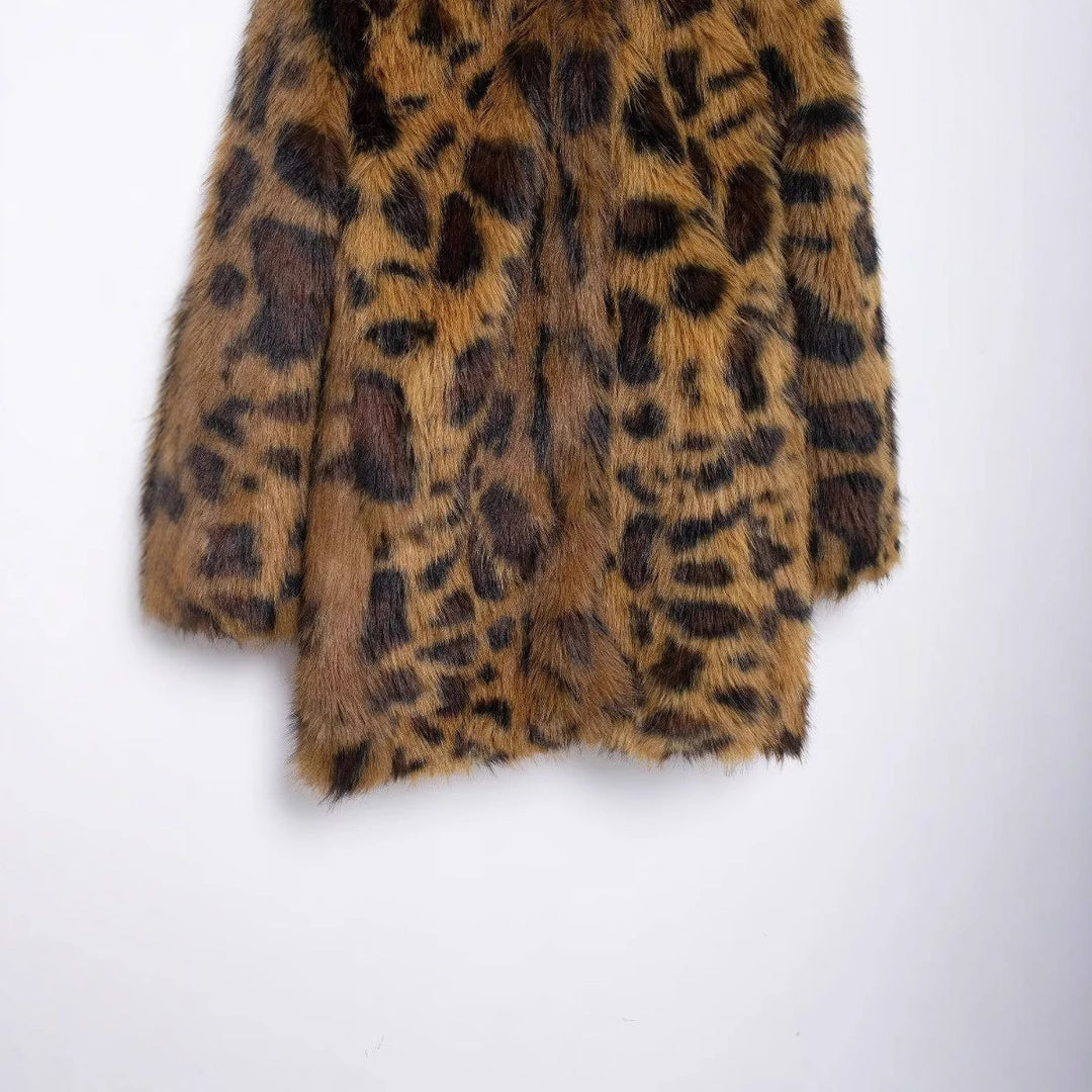 Damen nan langer Kunstfell-Mantel im Leopardenprint mit Oversize-Schnitt und kuscheliger Innenfutter-Qualität Drune