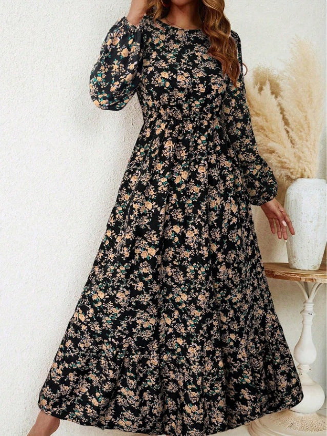 Damen Florales Midikleid mit elastischer Taillenpartie, langen Balloonärmeln und Volantstufe Drune