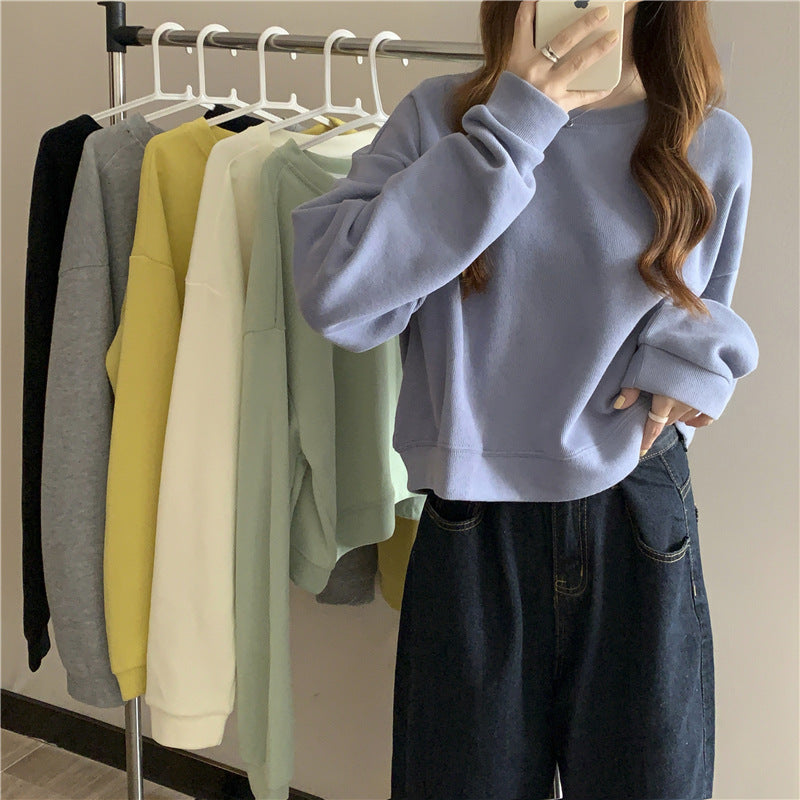 Damen lässiger cropped Pullover aus weichem Baumwollmix mit modischem Rundhalsausschnitt Drune