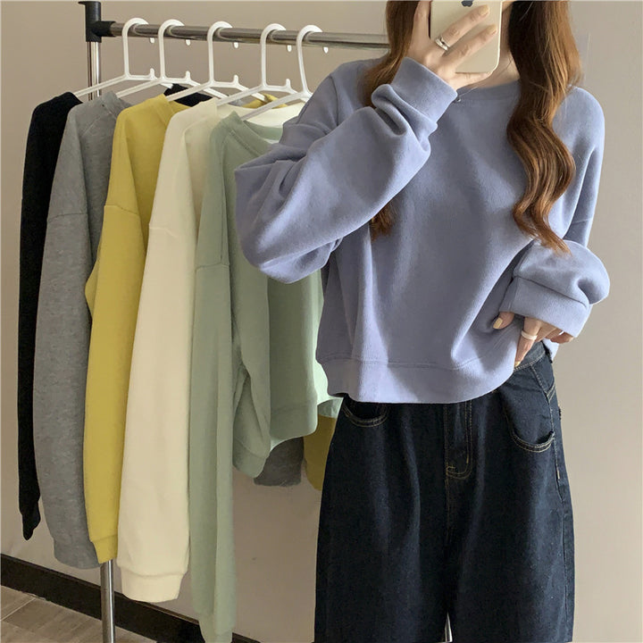 Damen lässiger cropped Pullover aus weichem Baumwollmix mit modischem Rundhalsausschnitt Drune