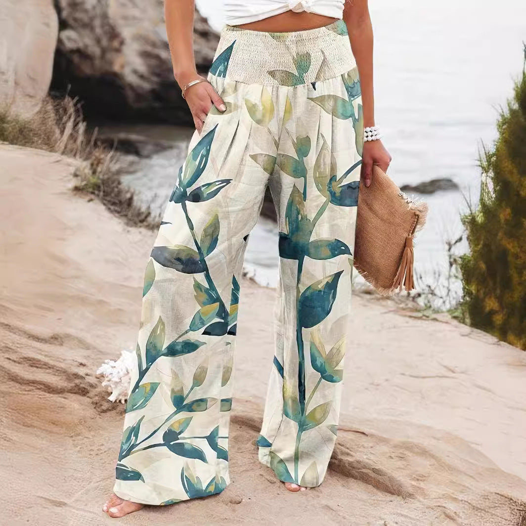 Damen Palazzo-Hosen mit floralem Druck und elastischem Bauchbund Drune