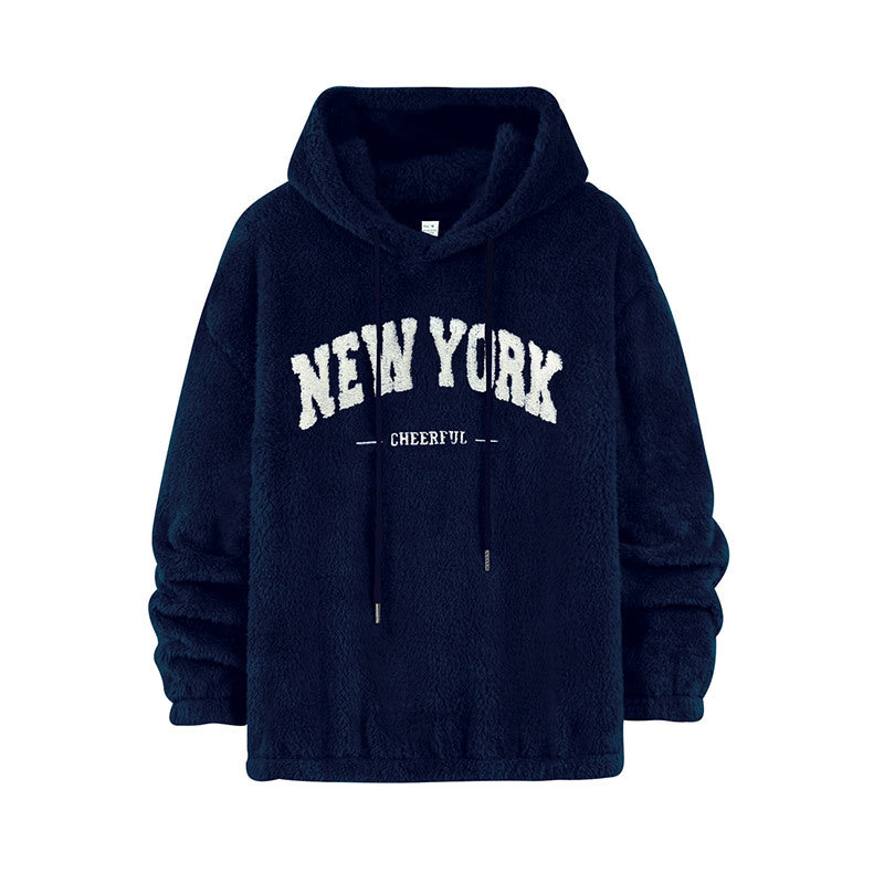 Unisex Kuscheliger Teddy-Fleece-Hoodie mit Chenille-Schriftzug Drune