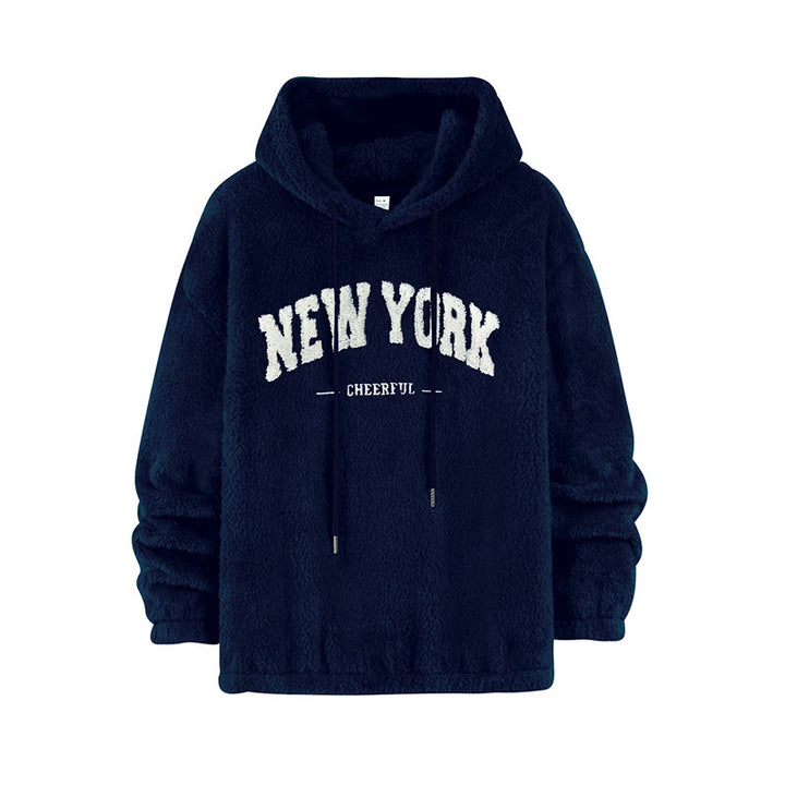 Unisex Kuscheliger Teddy-Fleece-Hoodie mit Chenille-Schriftzug Drune