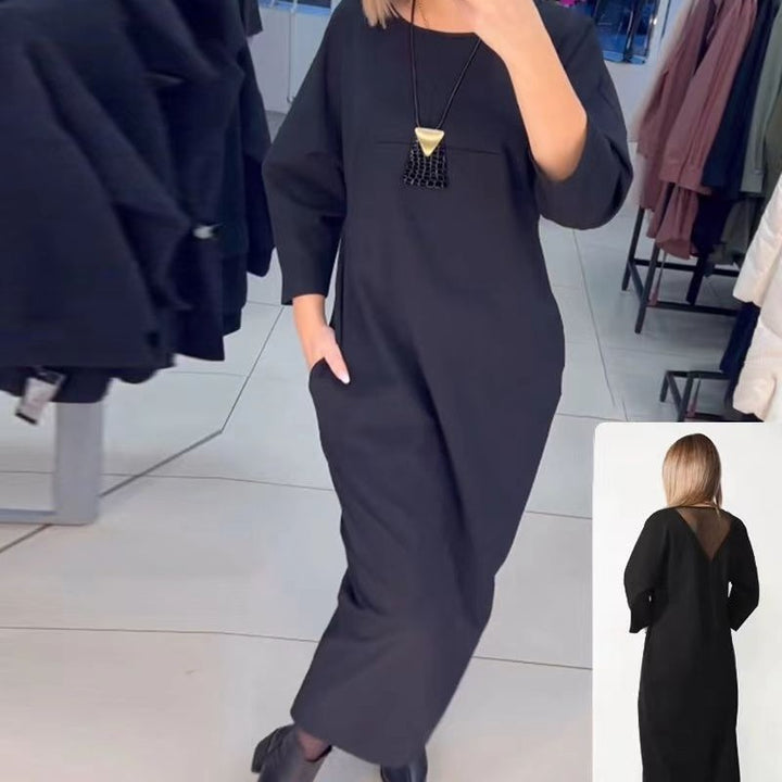 Damen nan gerades Maxikleid mit knöchellanger Silhouette, halblangen Ärmeln, Seitentaschen und transparentem V-Rücken Drune