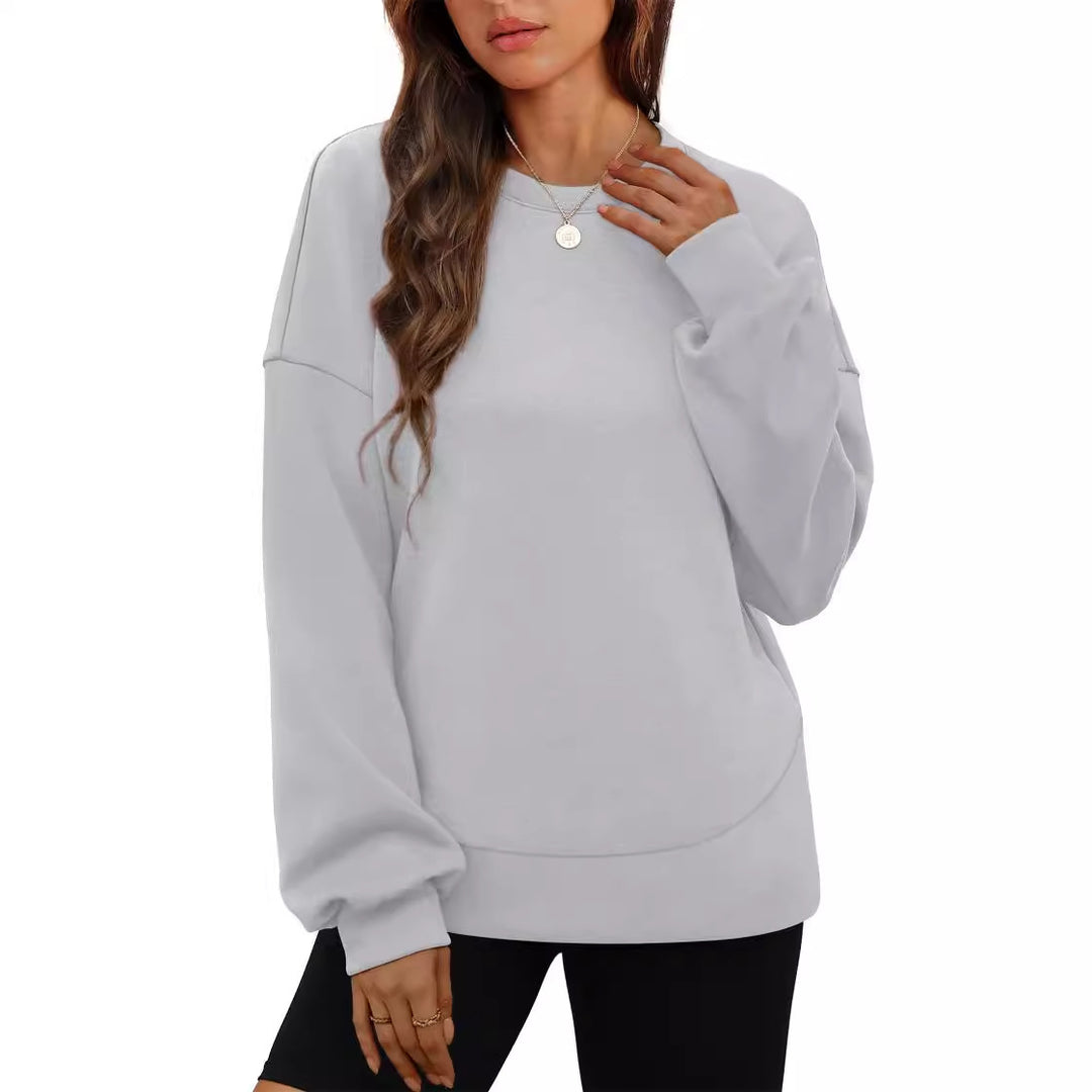 Damen nan lässiges Oversize Rundhals-Sweatshirt mit überschnittener Schulter gerundetem Saum und weichem Innenfutter Drune