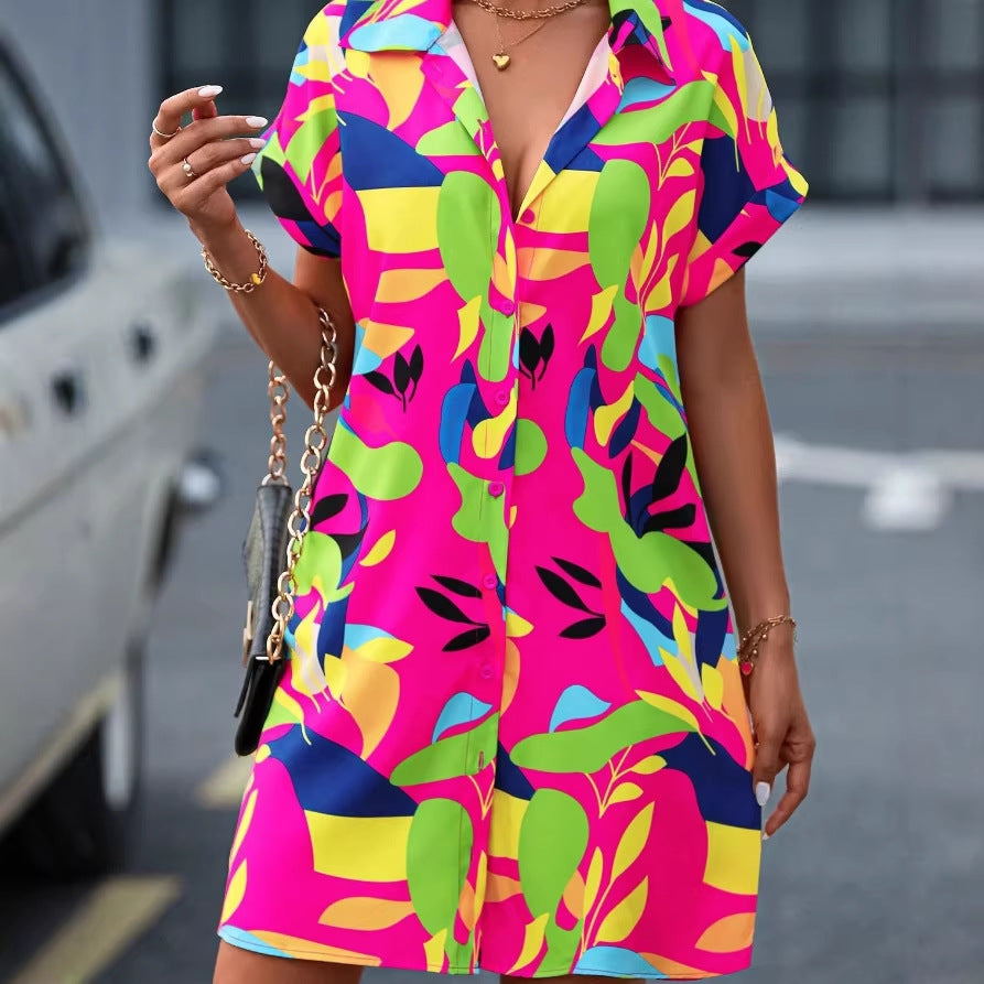 Damen Lockeres Hemdblusenkleid mit Knopfleiste, Reverskragen und floralem Print Drune
