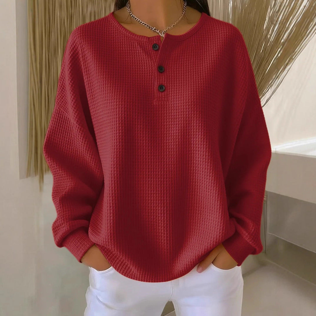 Damen nan Oversized Waffelstrick Henley-Pullover mit Knopfleiste und abgerundetem Saum Drune