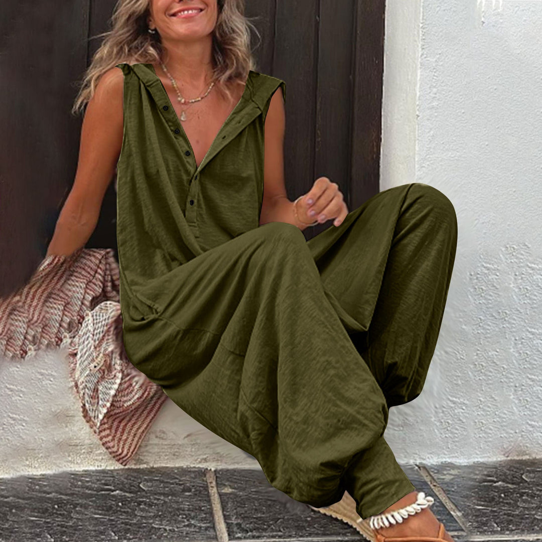Damen Lässiger Jumpsuit mit Kapuze und Knopfverschluss Drune