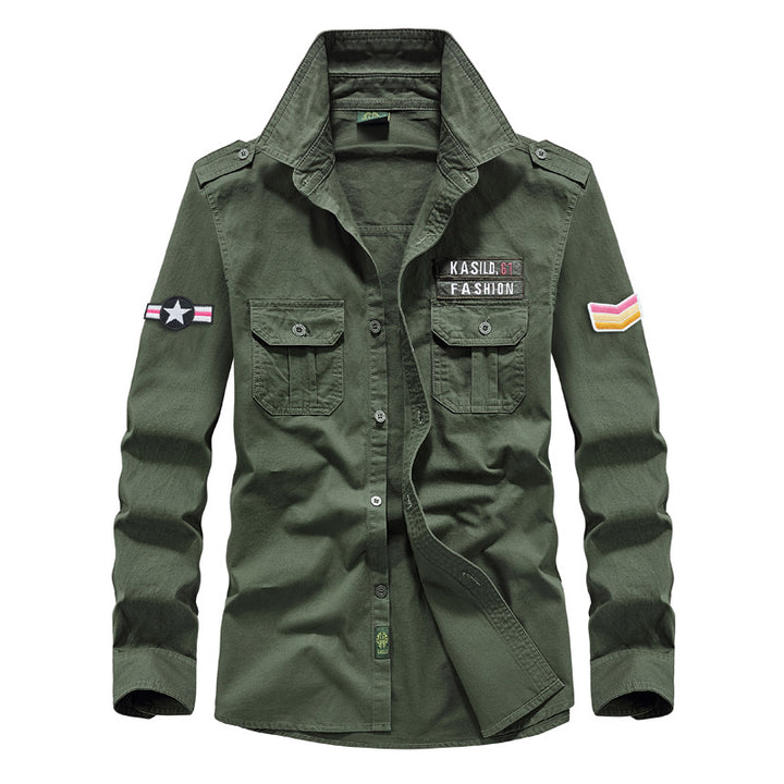 Herren nan militärisches Langarm-Utility-Hemd mit aufgesetzten Brusttaschen, Schulterklappen und dekorativen Stickpatches Drune
