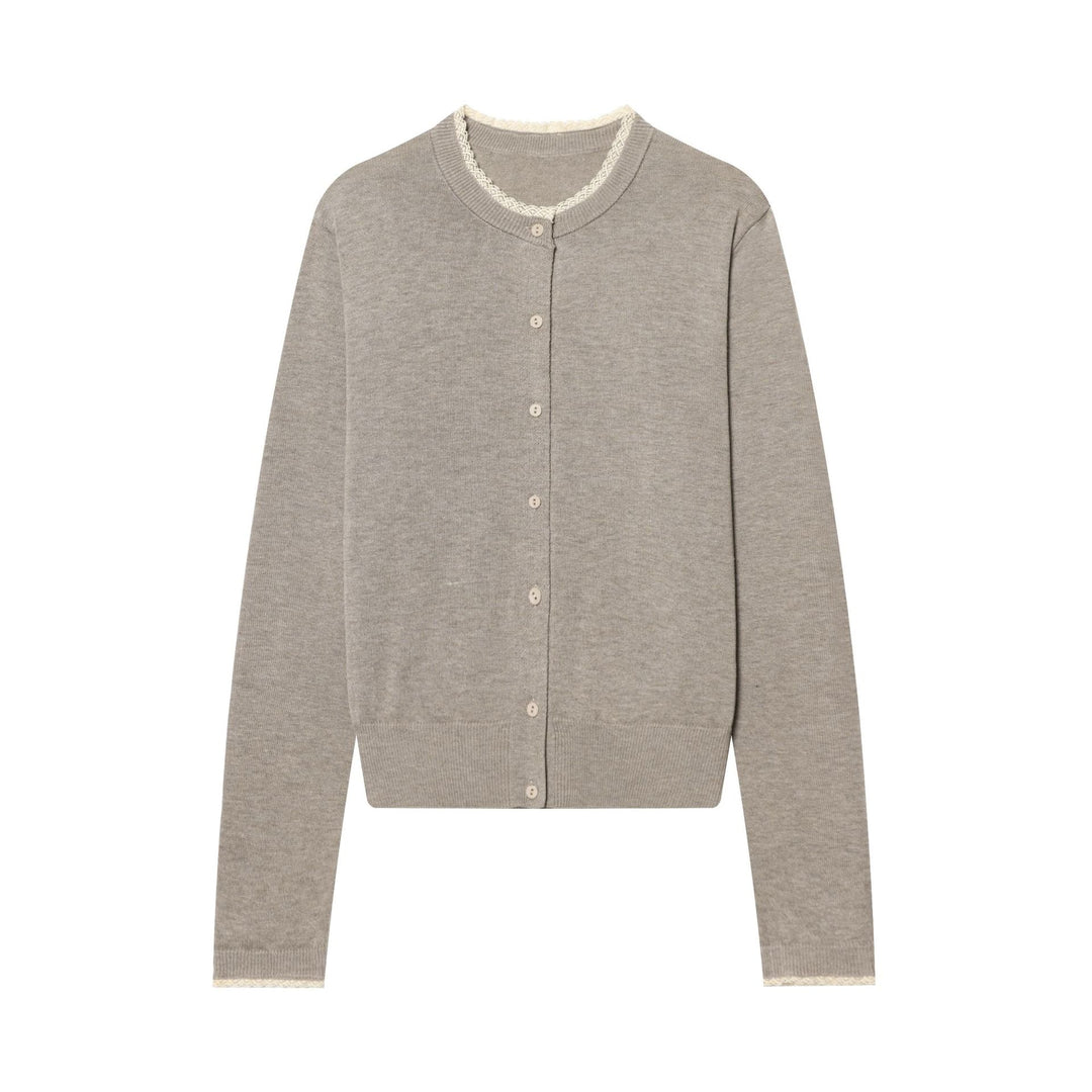 Damen Feiner Strick-Cardigan mit Rundhalsausschnitt, Knopfleiste und Spitzenbesatz Drune